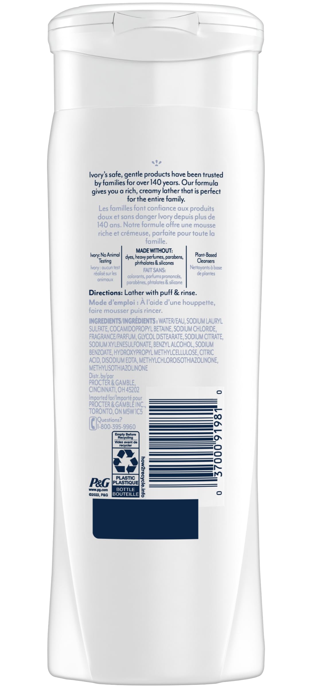 Ivory Body Wash Original label closeup shows dye-free, gentle formula for skin.