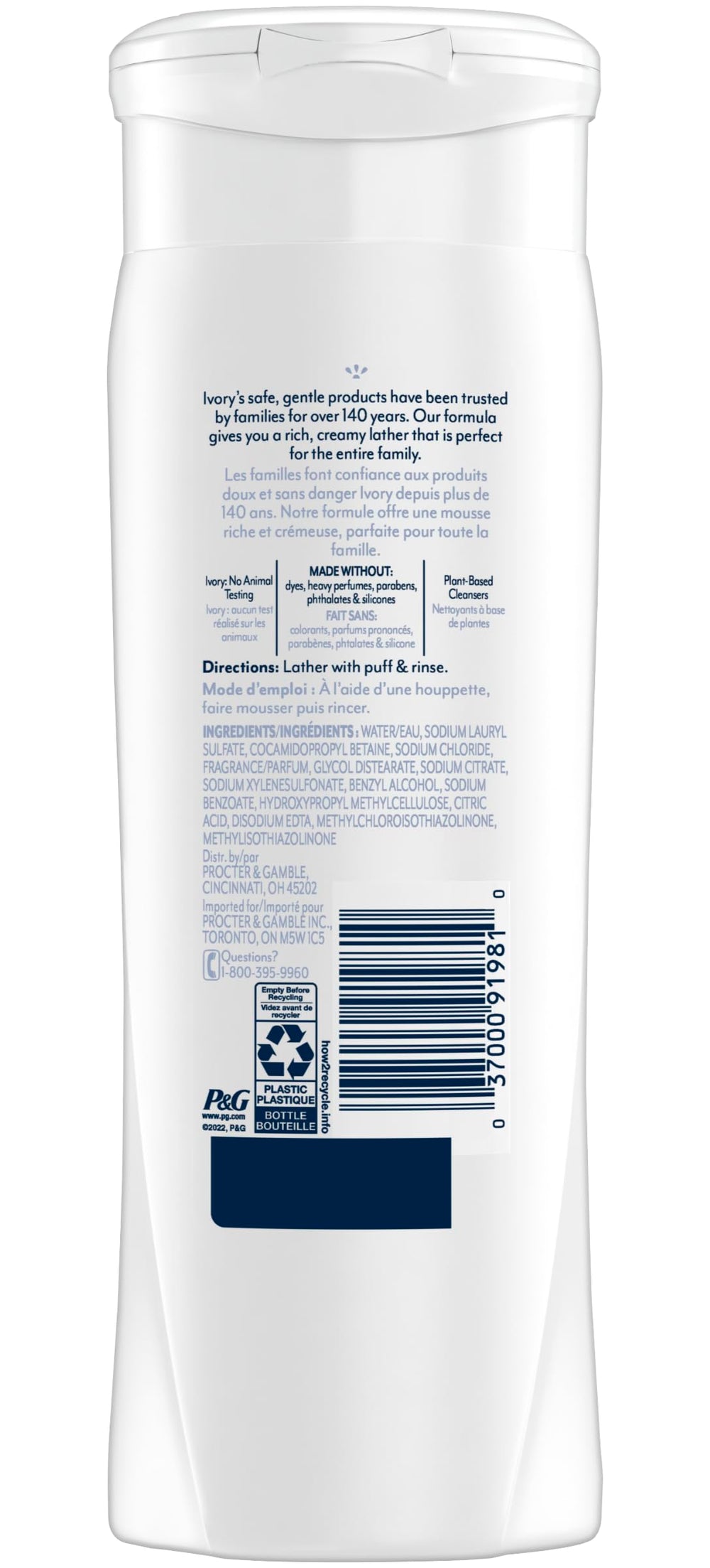 Ivory Body Wash Original label closeup shows dye-free, gentle formula for skin.