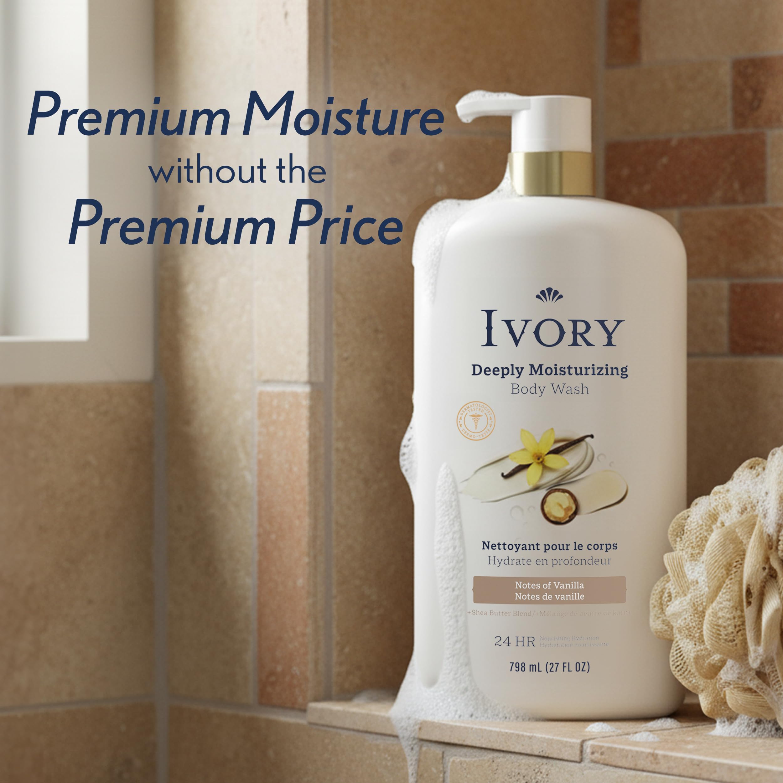 Ivory bottle on shower shelf, brand daily-use convenience benefit