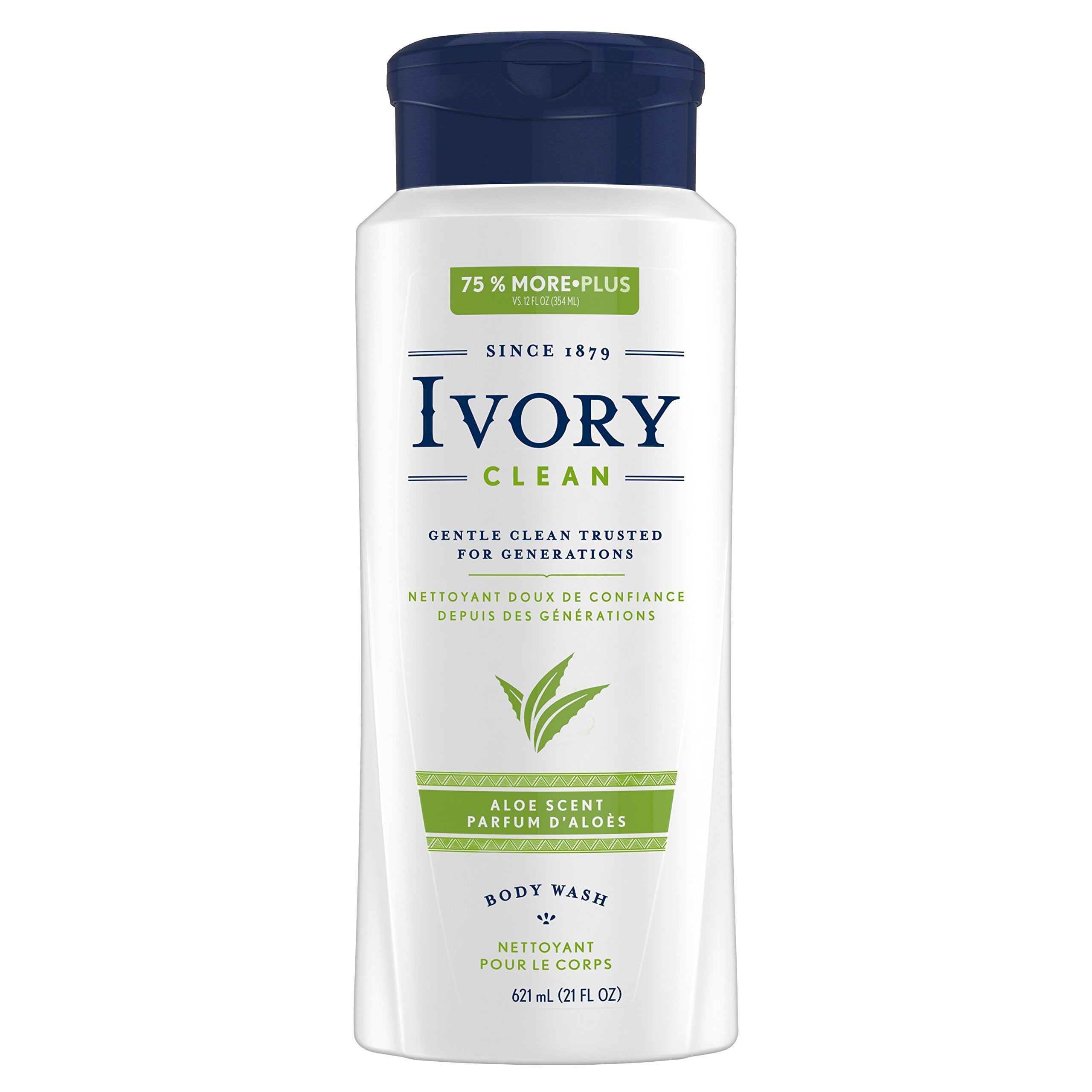 Ivory Clean Aloe Body Wash bottle-lather shows rich foam for gentle cleansing.