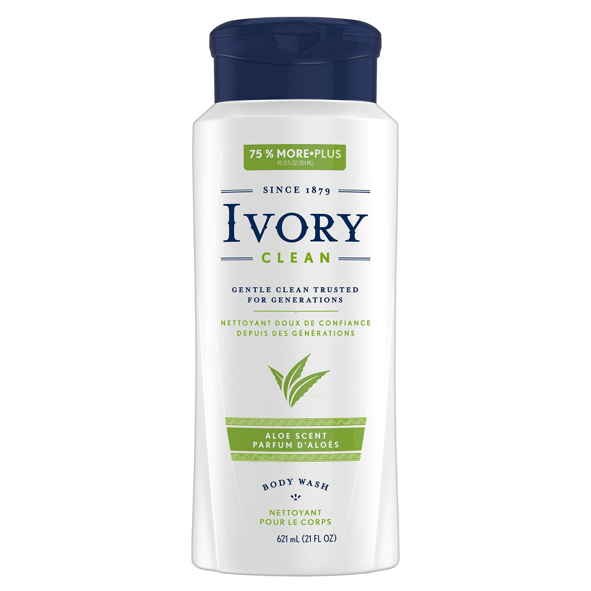 Ivory Clean Aloe Body Wash bottle-lather shows rich foam for gentle cleansing.