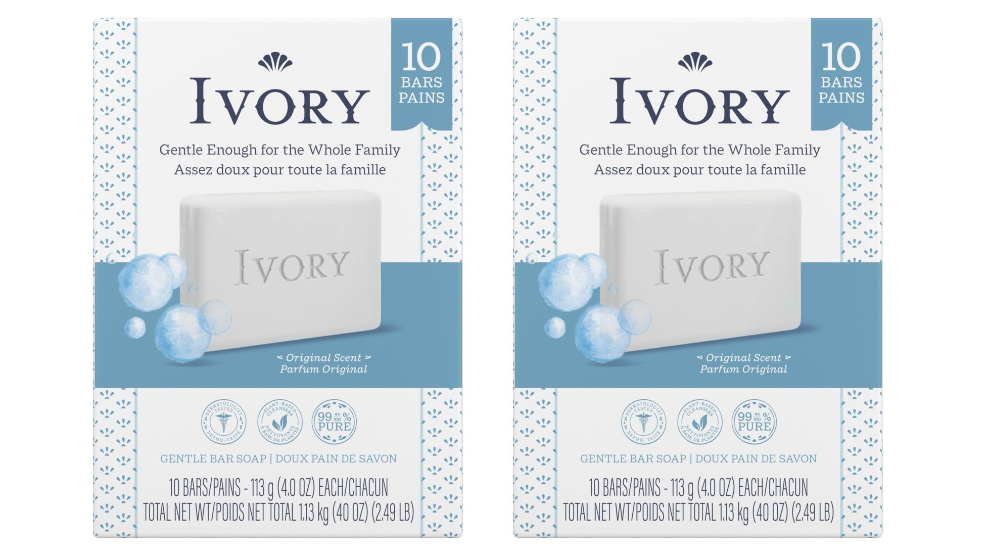 Ivory Clean Original Bar Soap front view highlighting compact packaging for gentle family washing.