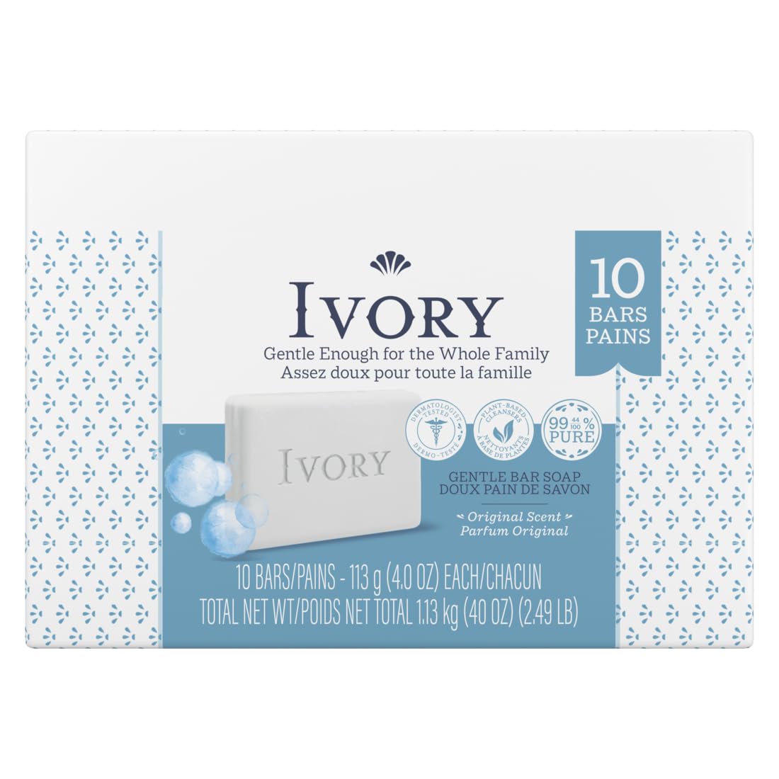 Ivory Clean Original Bar Soap packaging photo highlights dye-free and free of heavy perfumes.