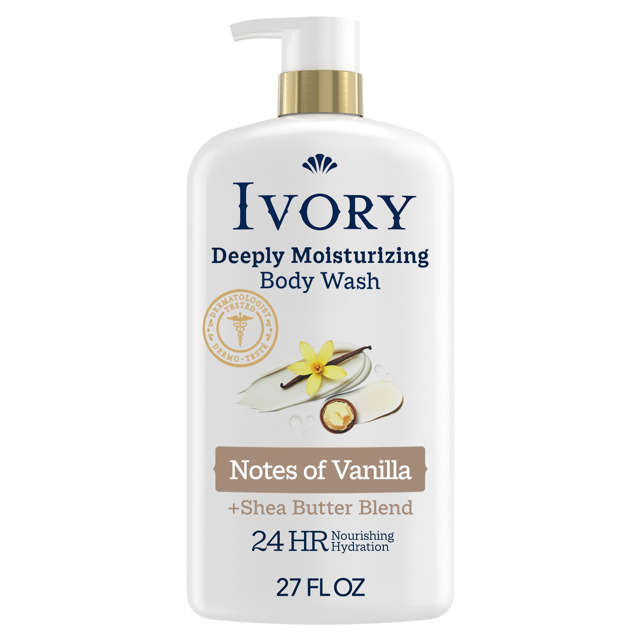 Ivory front bottle showing label and 27 oz size, brand hydration benefit