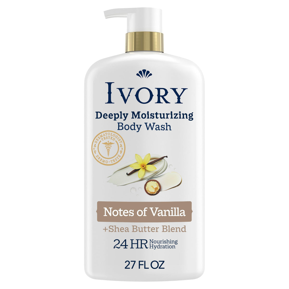 Ivory front bottle showing label and 27 oz size, brand hydration benefit