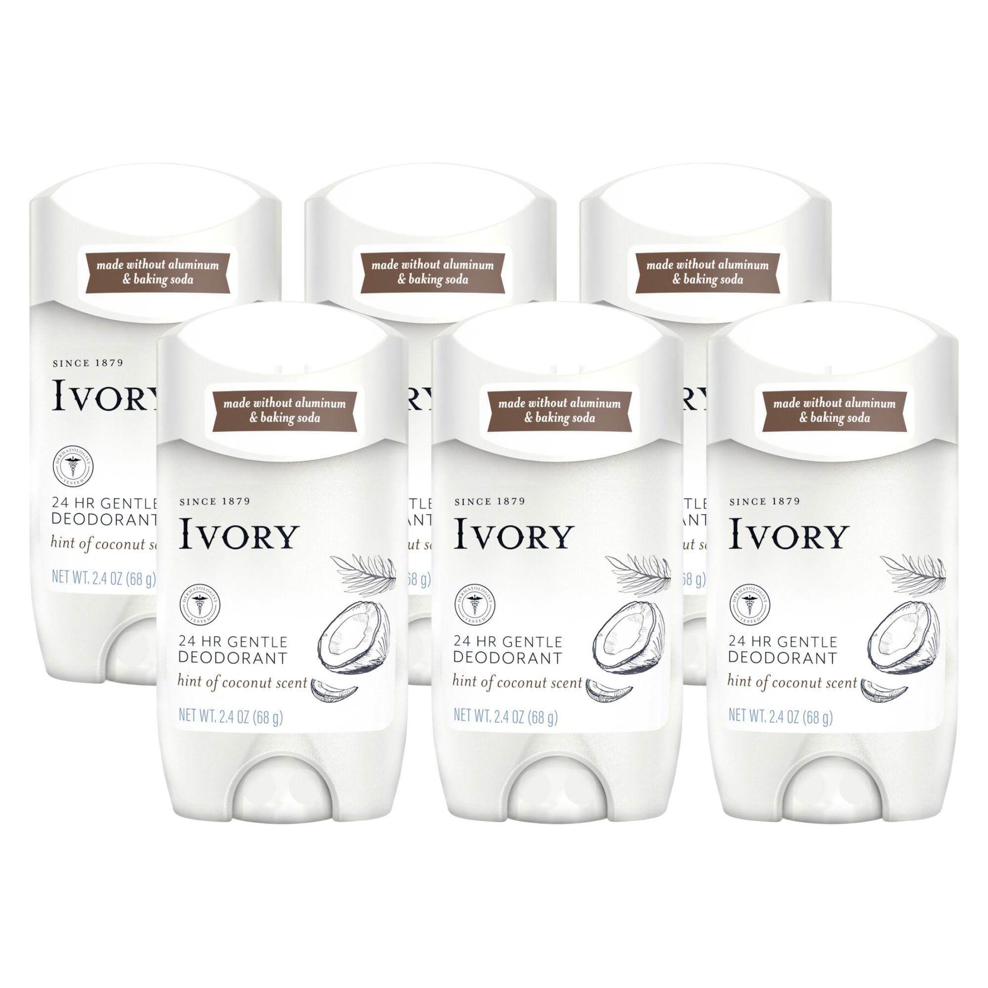 Ivory coconut-scented aluminum-free deodorant in a 6-pack for daily freshness