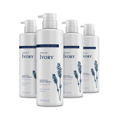 Ivory sensitive skin moisturizing body wash lavender bottle showing gentle, dye-free formula for delicate skin