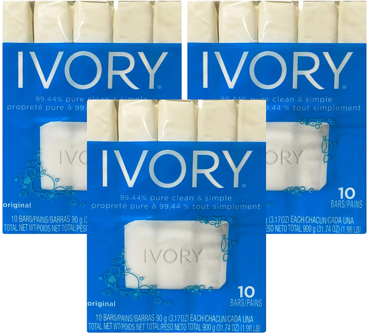 Ivory Soap Original 3.17oz bars pack of 30 for gentle daily cleansing.