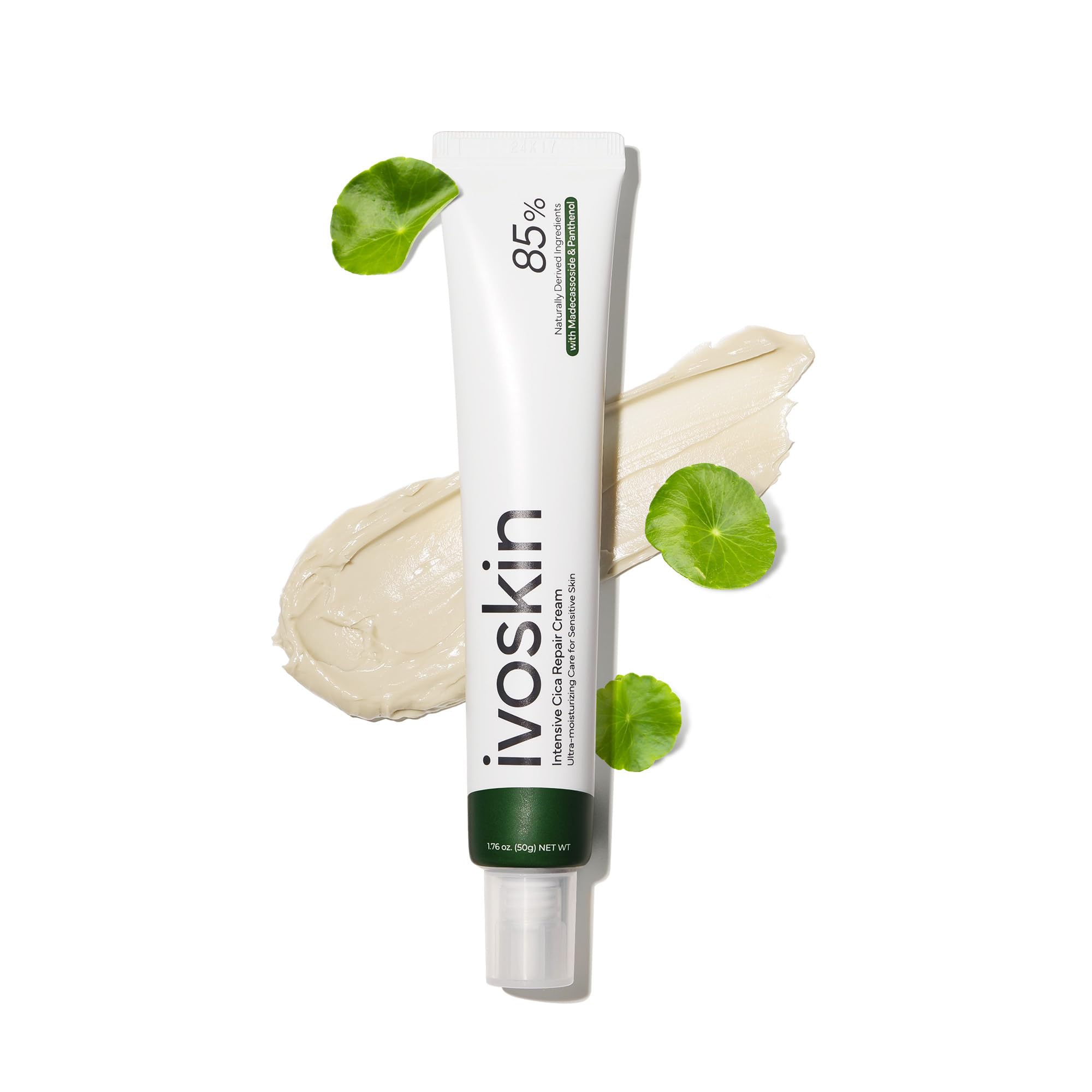 IVOSKIN Intensive Cica Repair Cream bottle close-up highlighting soothing relief for sensitive skin.