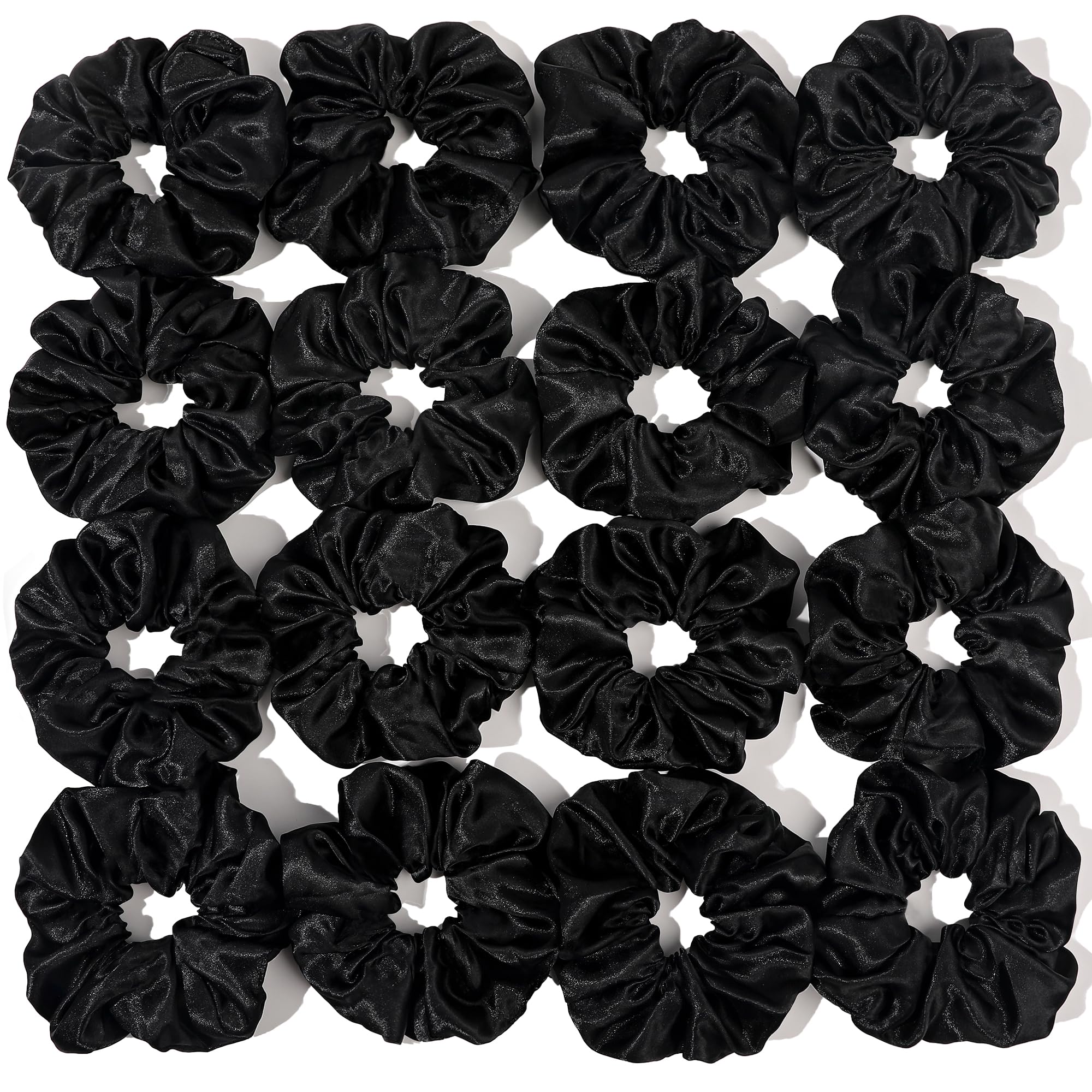 Ivyu 16-pcs satin scrunchies pack; glossy black finish provides gentle hold for comfortable wear.