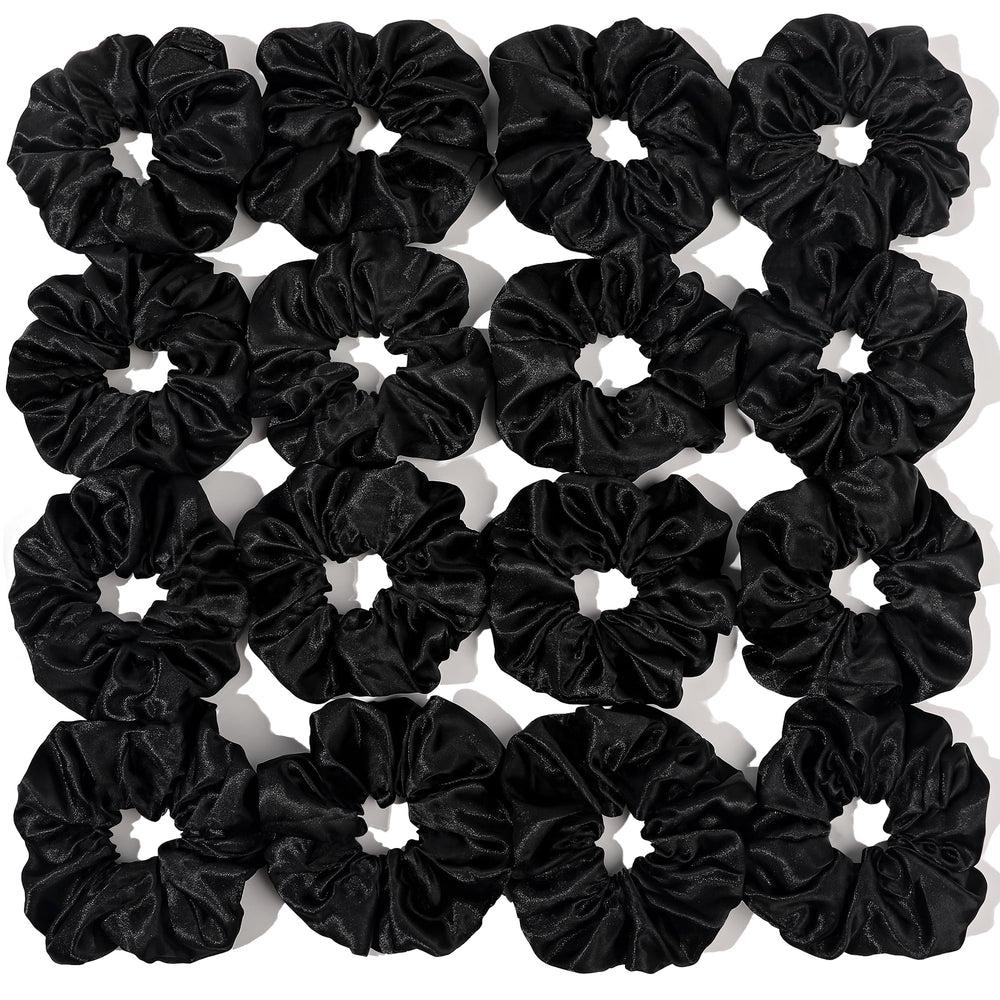 Ivyu 16-pcs satin scrunchies pack; glossy black finish provides gentle hold for comfortable wear.