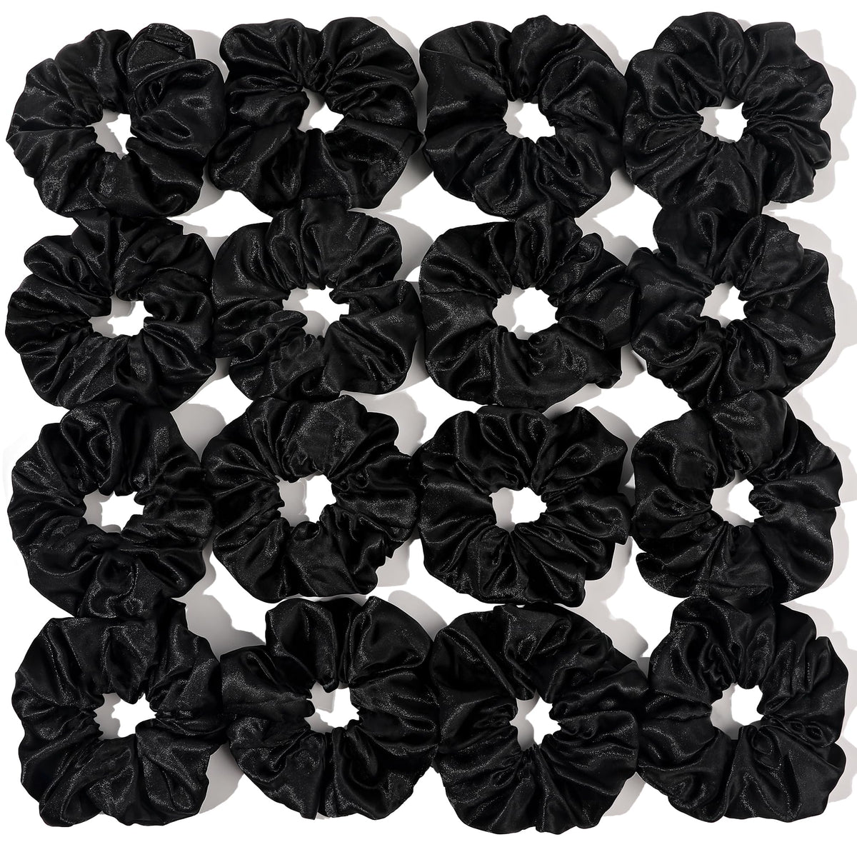 Ivyu 16-pcs satin scrunchies pack; glossy black finish provides gentle hold for comfortable wear.