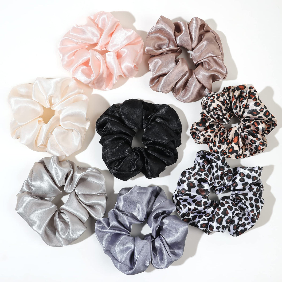 Ivyu satin scrunchies eight-pack: big, soft hold for secure day-long styles.