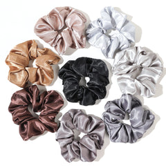 Ivyu satin silk scrunchies set front view shows eight shiny hair ties for everyday style