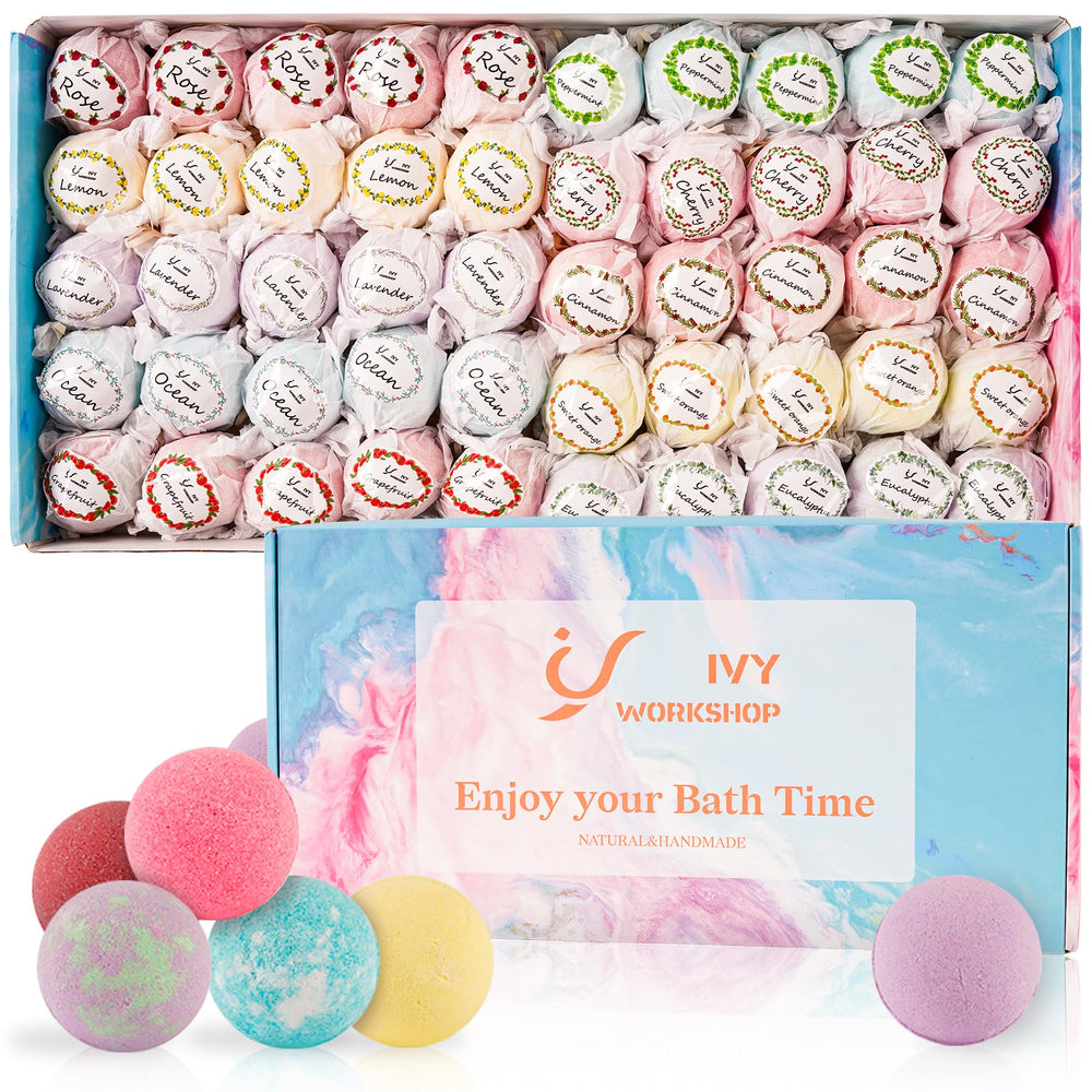 IvyWorkshop Bath Bombs Gift Set 50pcs in a vibrant box for a relaxing at-home spa ritual