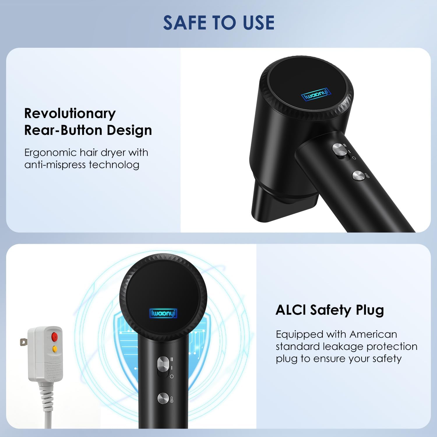 IWAANYI hair dryer safety ALCl plug and removable filter for safe use.