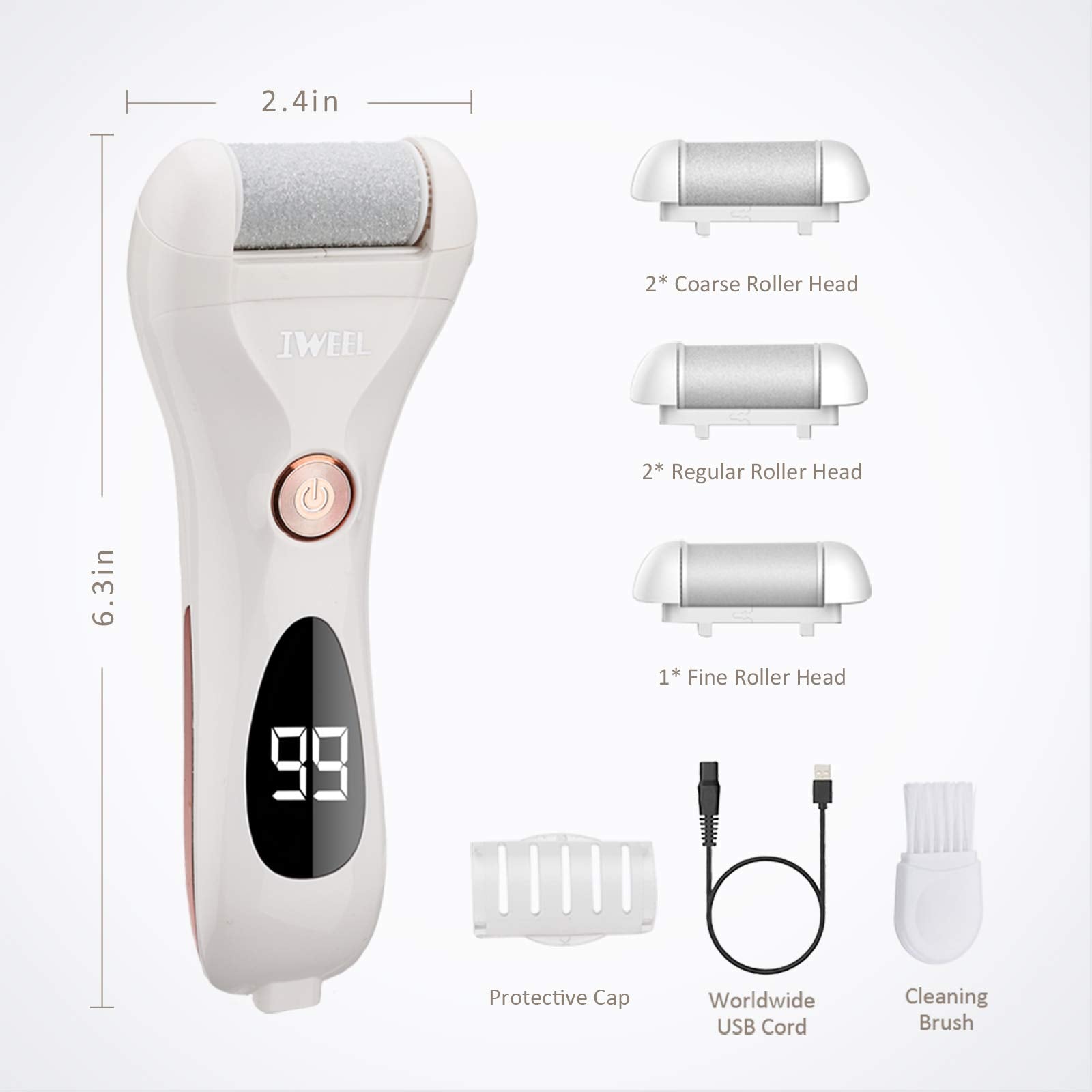IWEEL callus remover roller heads close up demonstrates 360 degree rotation