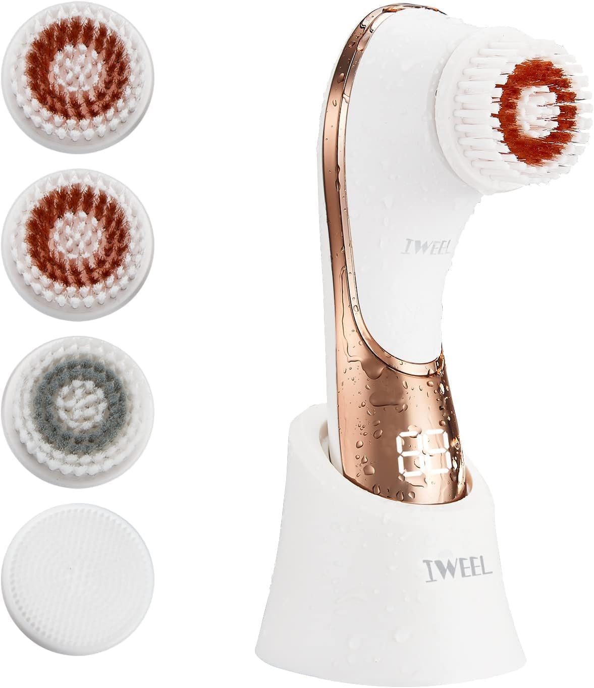 IWEEL electric face brush four-heads close-up enabling versatile cleansing for all skin types.