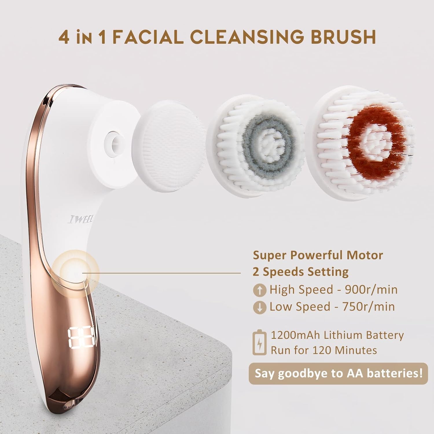 IWEEL electric face brush in shower demonstrating IPX-7 waterproof design for easy cleansing.