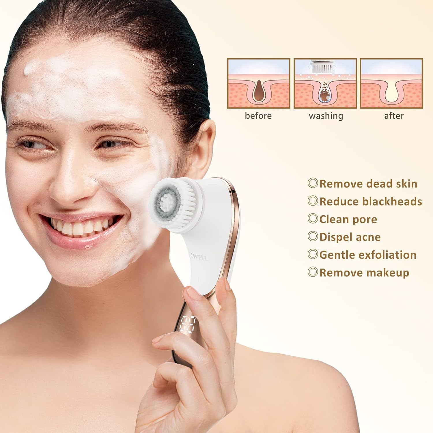 IWEEL rechargeable face brush with long-lasting battery for two months of use.