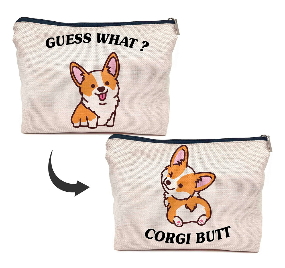 IWXYI corgi dog makeup bag closeup shows soft linen and travel-friendly durability.