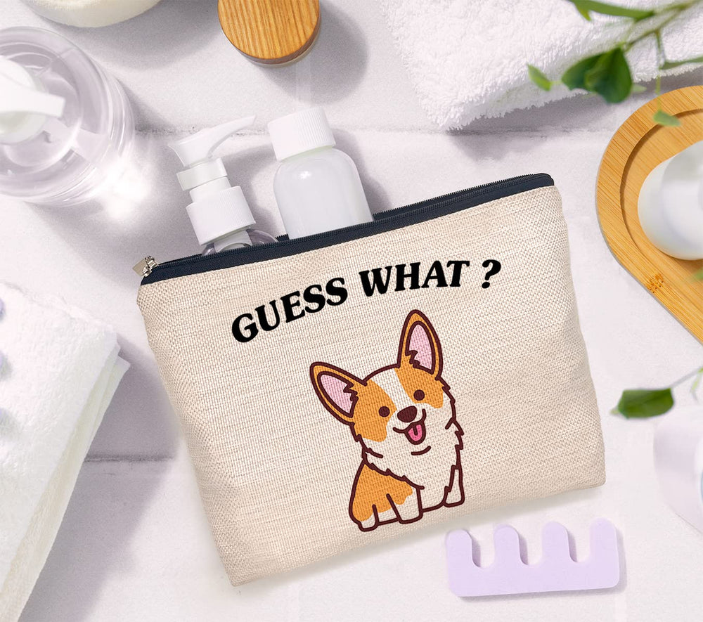IWXYI corgi dog makeup bag open view reveals roomy interior for cosmetics.