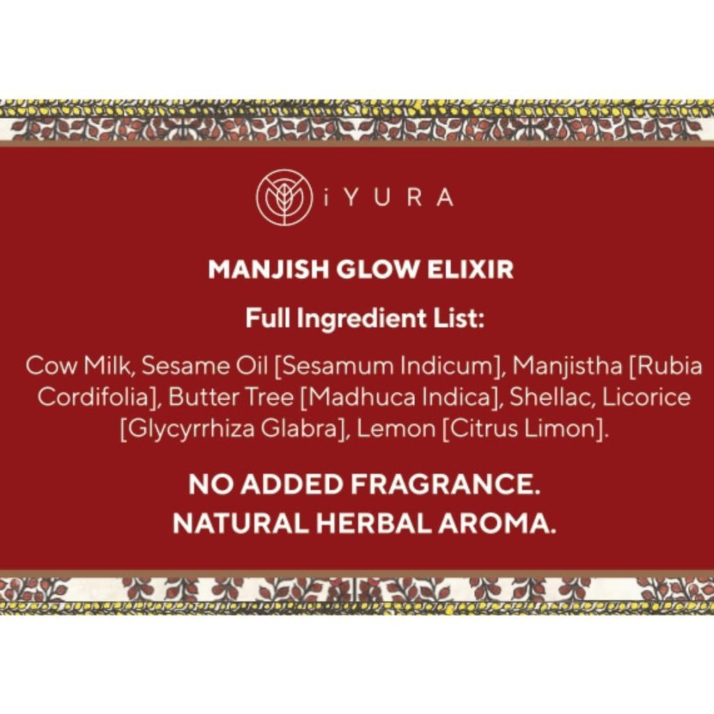 Iyura Manjish Glow Elixir applied on skin for dewy, even-toned look.