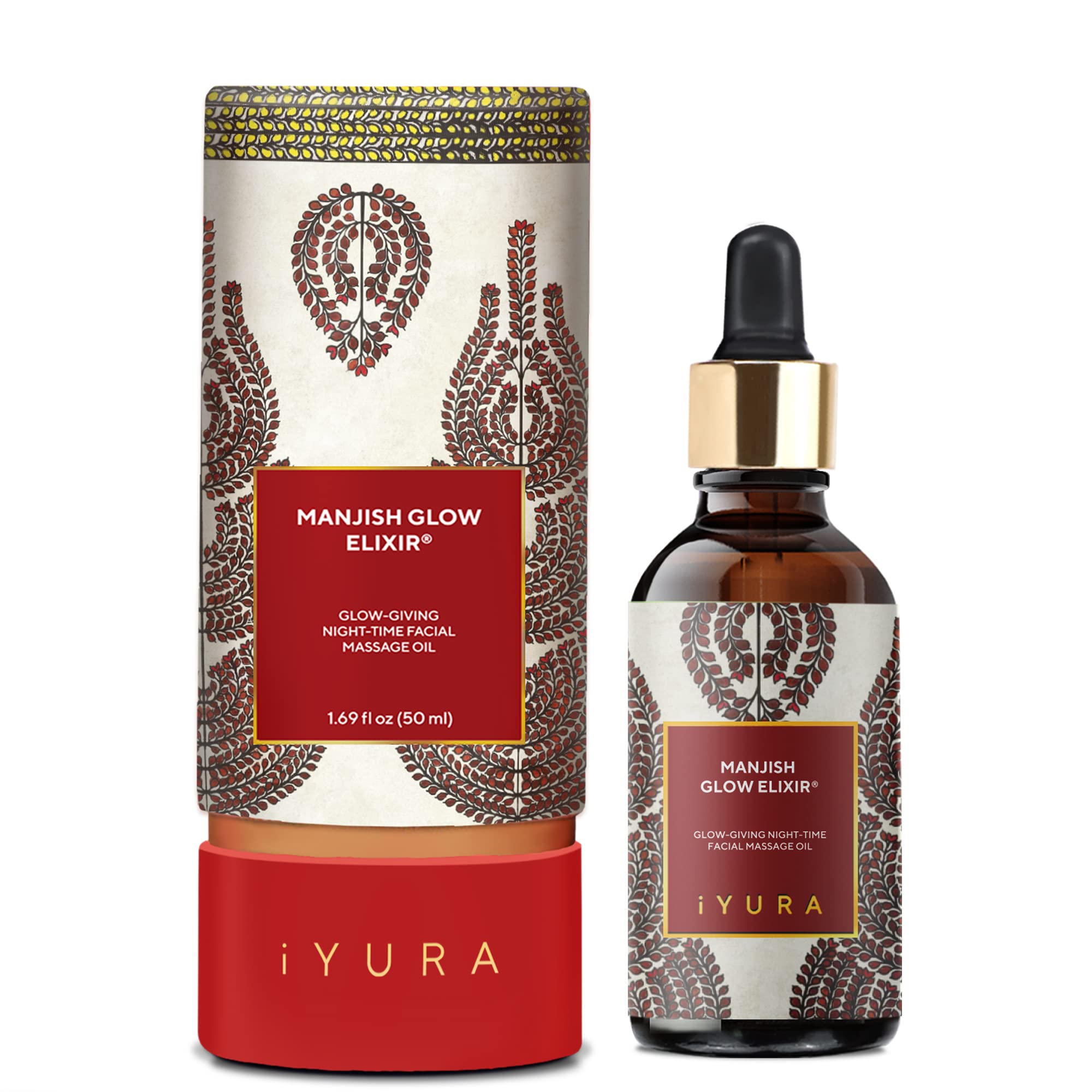Iyura Manjish Glow Elixir bottle for nighttime hydration.