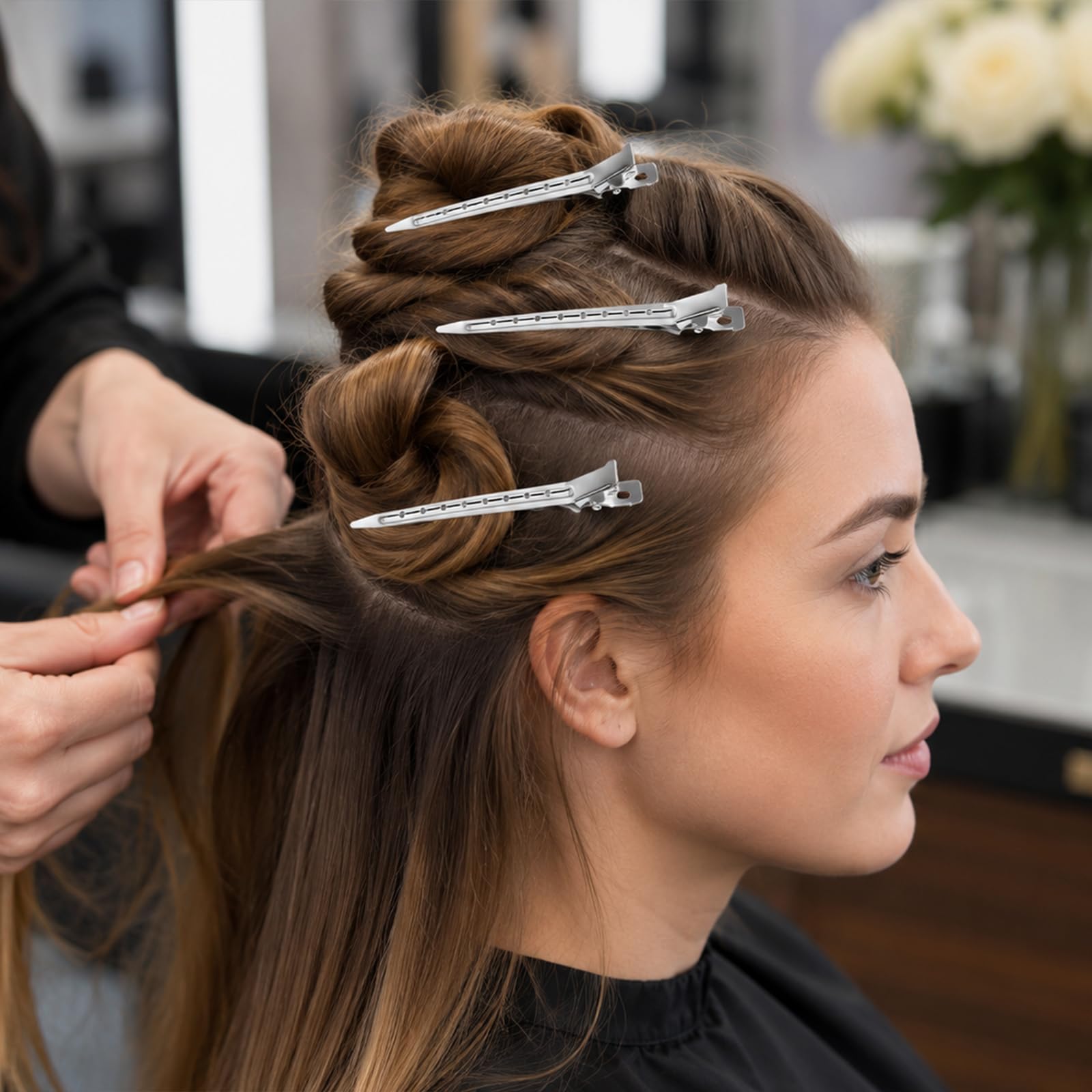 Iziuosh clips hung on salon ring for organized, fast access