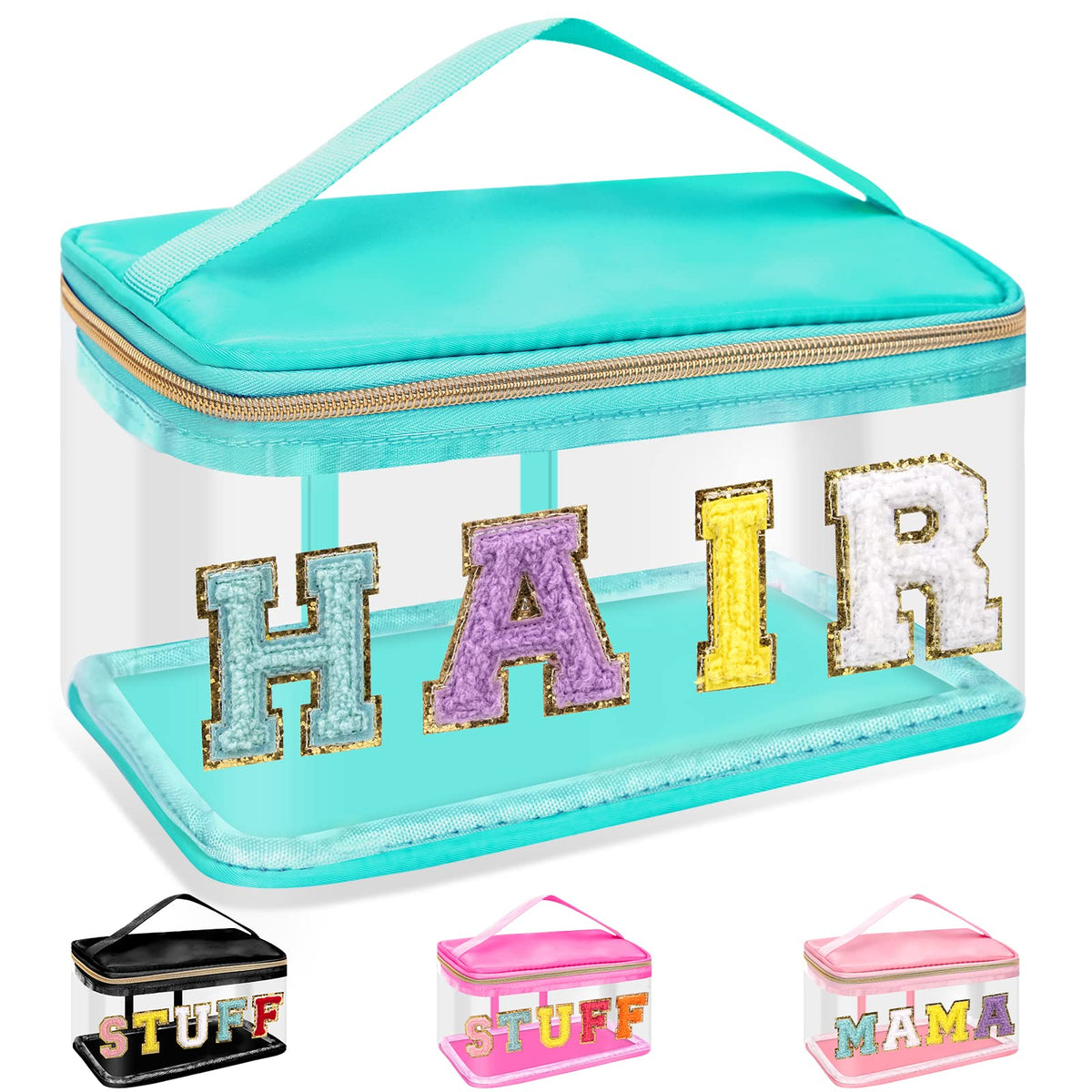izuzta chenille clear bag front view with glitter letters for stylish organization
