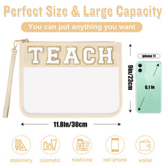 Izuzta Teach chenille clear bag wristlet detachable strap for versatile carry