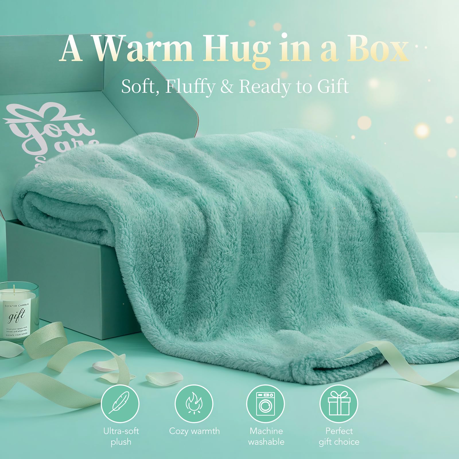 IZZUBIZ luxury spa blanket and candle evokes warmth and relaxation.