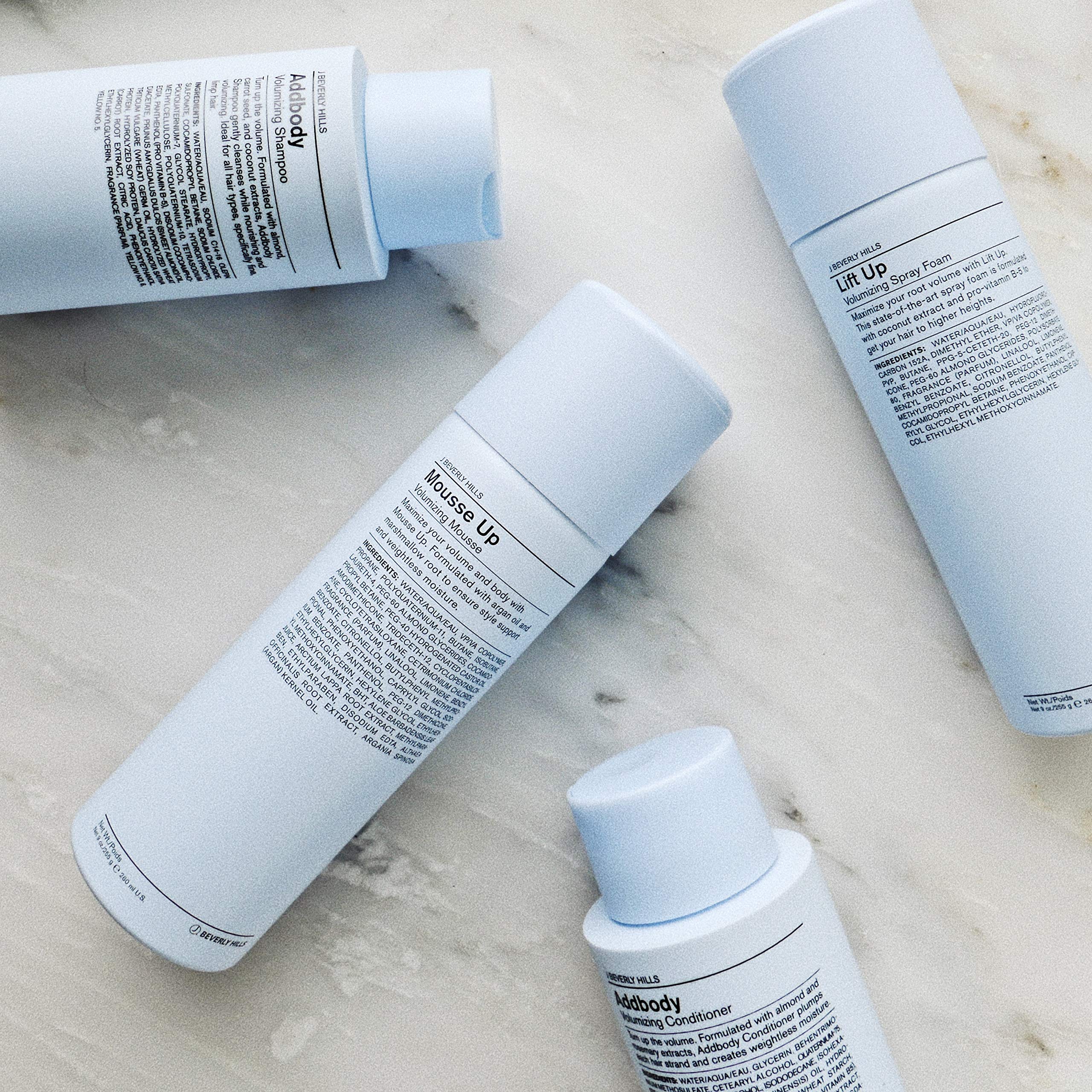 J Beverly Hills Blue Addbody pump bottle on vanity for an easy daily routine
