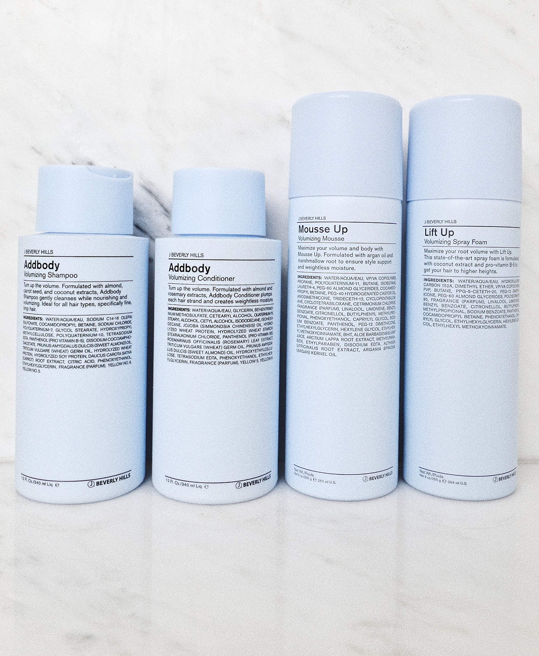J Beverly Hills Blue Addbody ingredient close-up shows vitamin E and carrot seed for strength