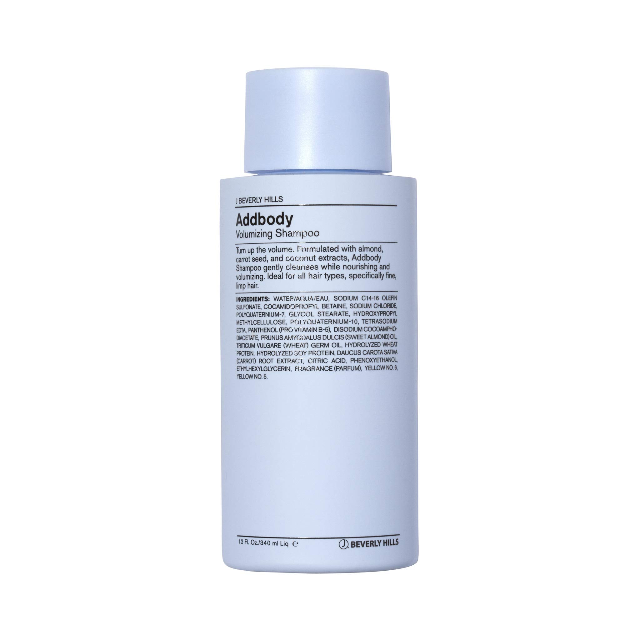 J Beverly Hills Blue Addbody volumizing shampoo bottle ready to moisturize and lift fine hair