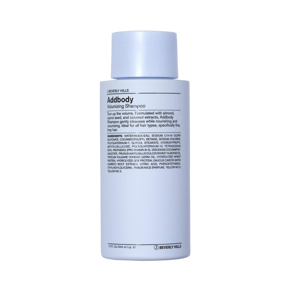 J Beverly Hills Blue Addbody volumizing shampoo bottle ready to moisturize and lift fine hair