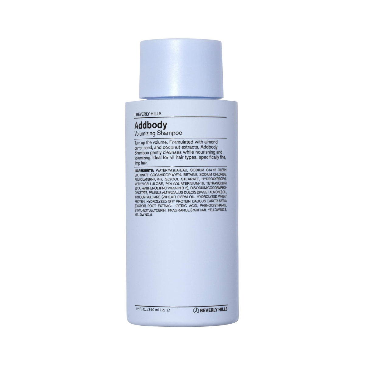 J Beverly Hills Blue Addbody volumizing shampoo bottle ready to moisturize and lift fine hair