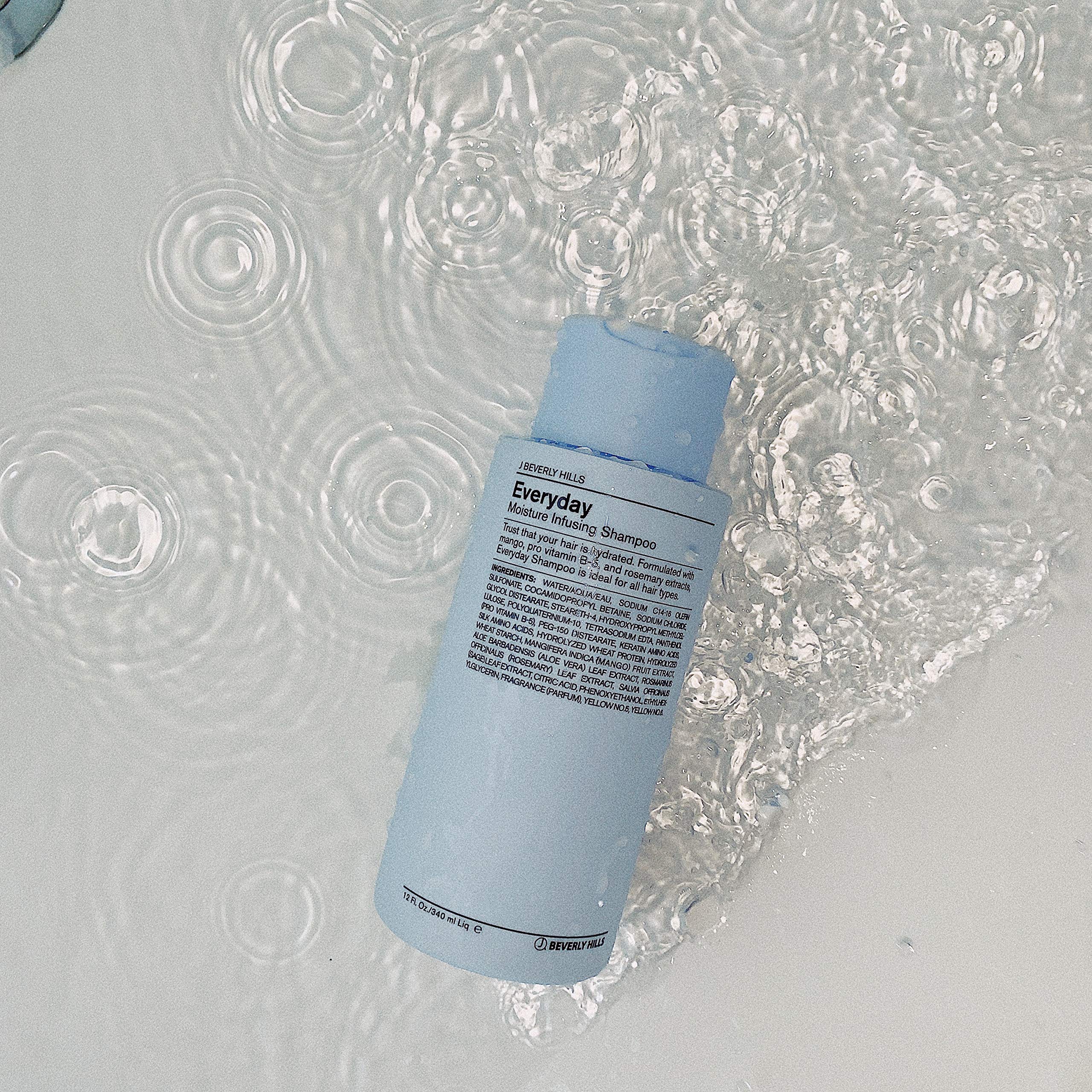 J Beverly Hills blue everyday shampoo lather closeup highlighting gentle cleansing for sensitive scalps