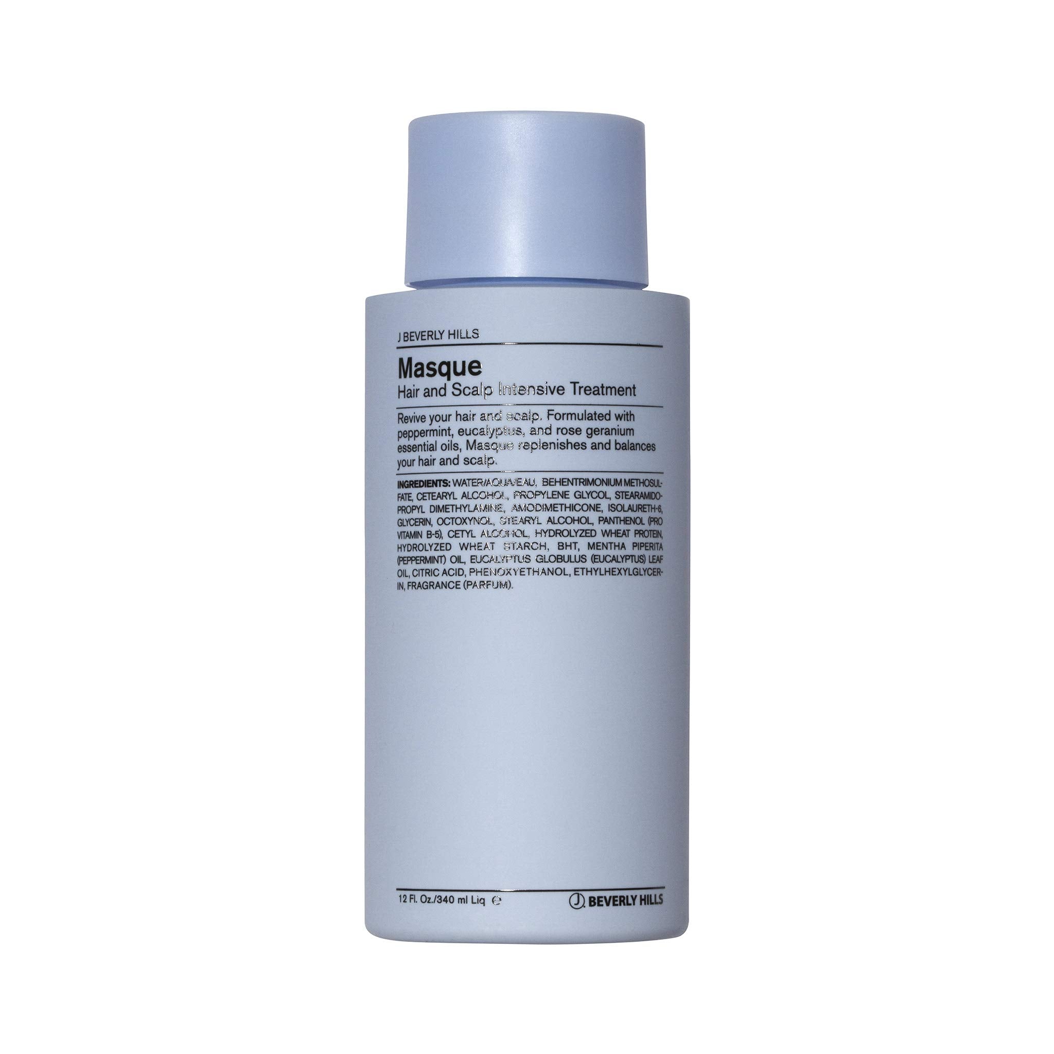J Beverly Hills Blue Hair Mask bottle with eucalyptus oil for scalp care.