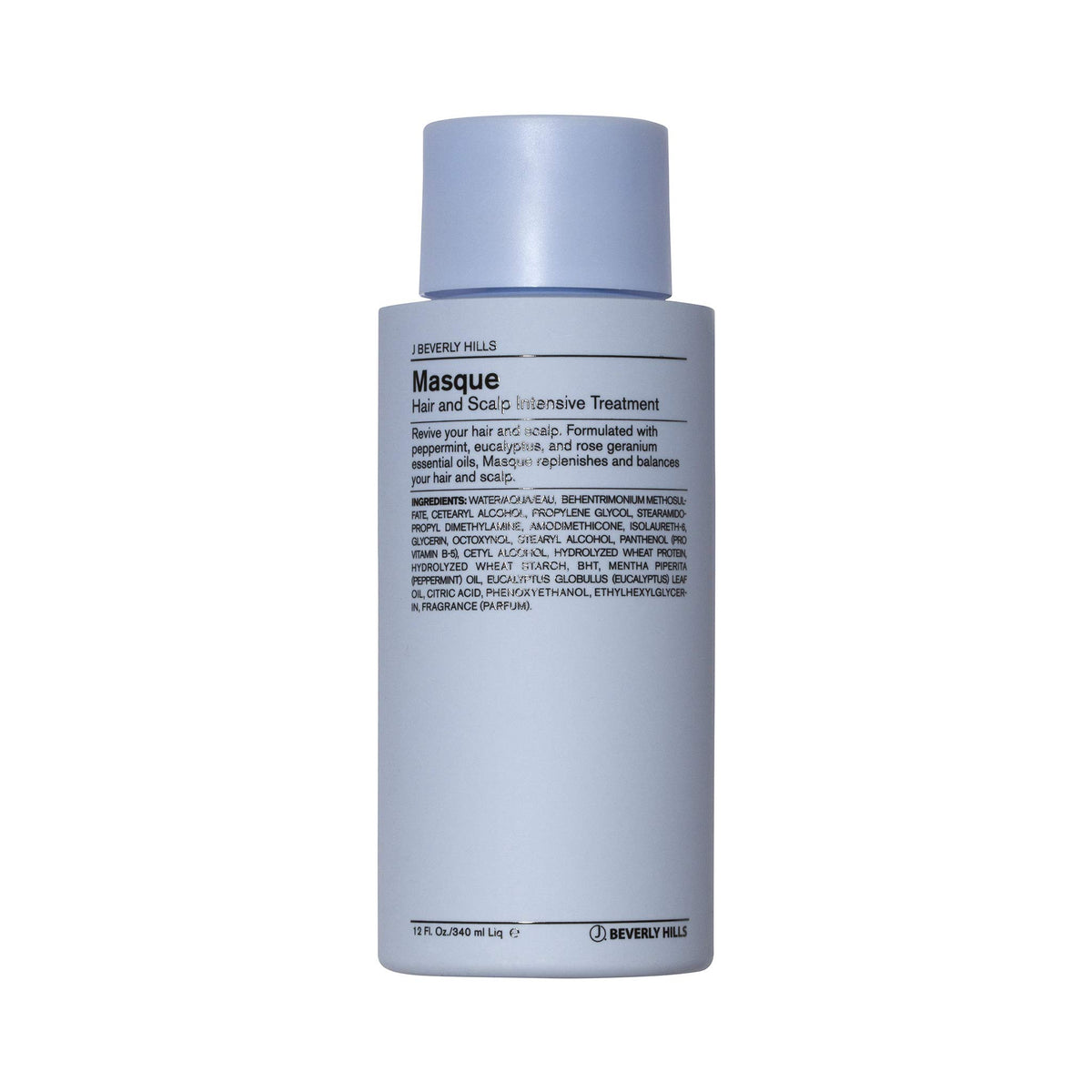 J Beverly Hills Blue Hair Mask bottle with eucalyptus oil for scalp care.