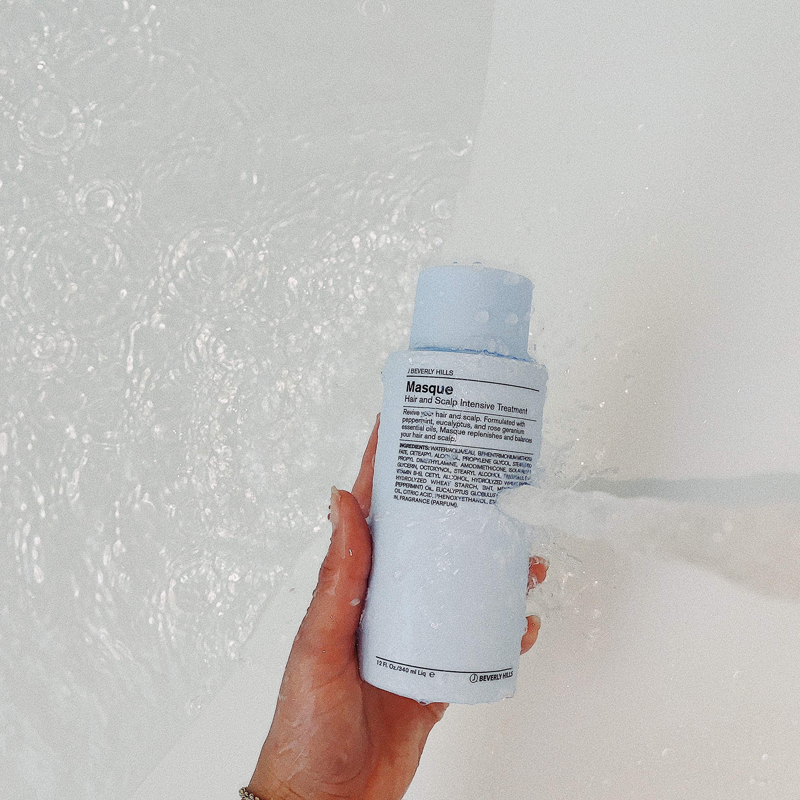 J Beverly Hills Blue Hair Mask jar shows premium formula for detangling and shine.