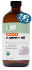 J MAC BOTANICALS castor oil in glass bottle for precise dispensing and long storage