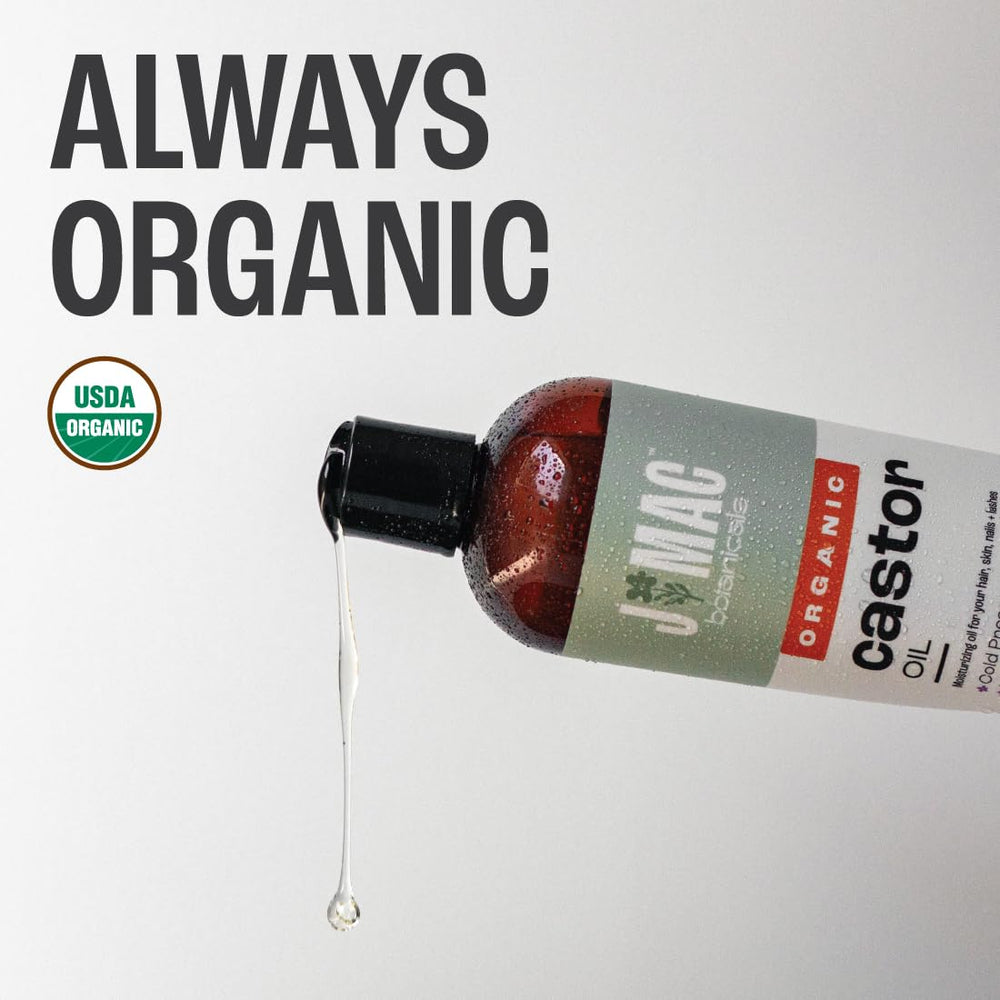 J Mac Botanicals cold-pressed castor oil pours smoothly for facial and lash care.