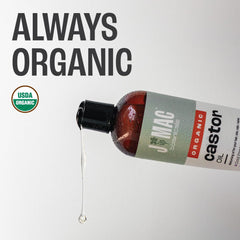 J Mac Botanicals cold-pressed castor oil pours smoothly for facial and lash care.