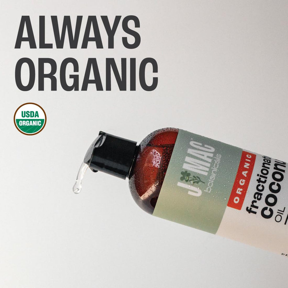 J MAC Botanicals fractionated coconut oil pour bottle for quick skin hydration