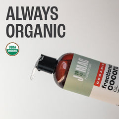 J MAC Botanicals fractionated coconut oil pour bottle for quick skin hydration