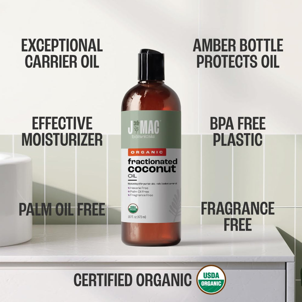 J MAC Botanicals coconut oil texture close-up shows light, clear carrier oil