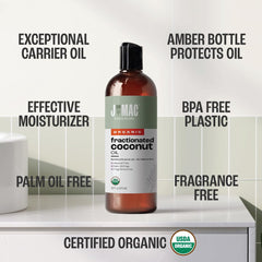 J MAC Botanicals coconut oil texture close-up shows light, clear carrier oil