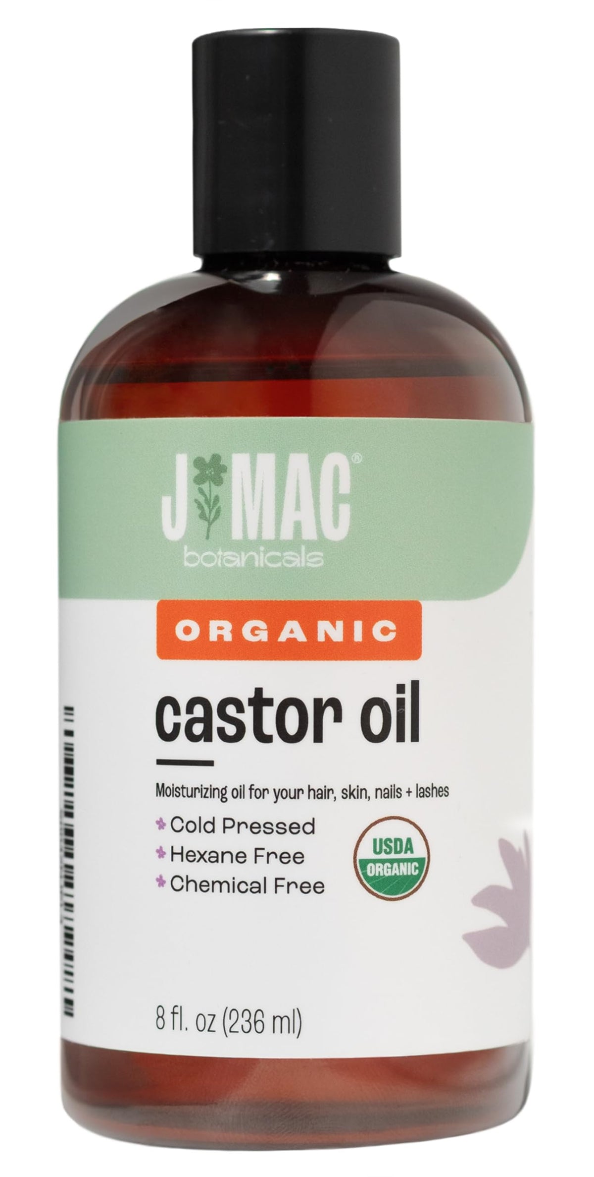 J Mac Botanicals Organic Castor Oil 8oz bottle for smooth skincare and hair conditioning.