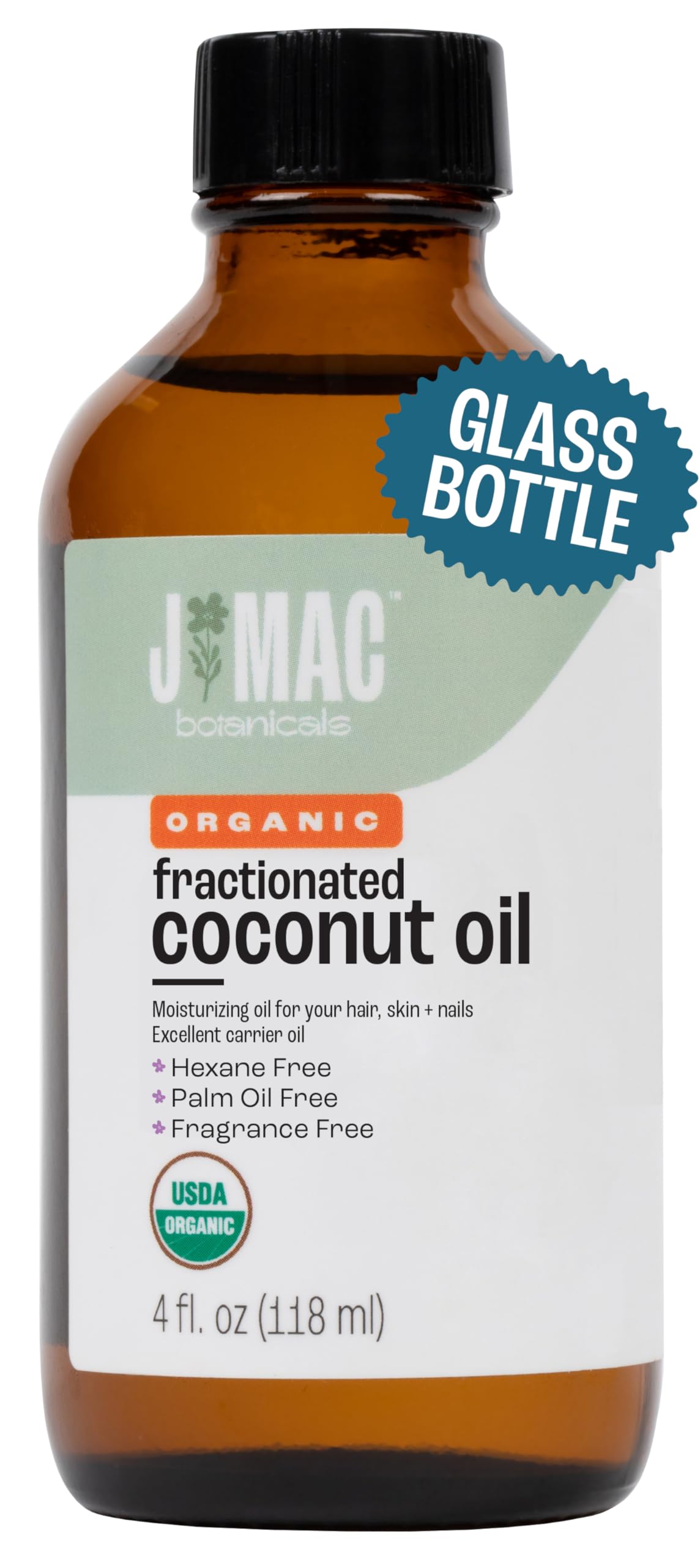 J Mac Botanicals organic fractionated coconut oil in a 4oz glass bottle for moisturization.